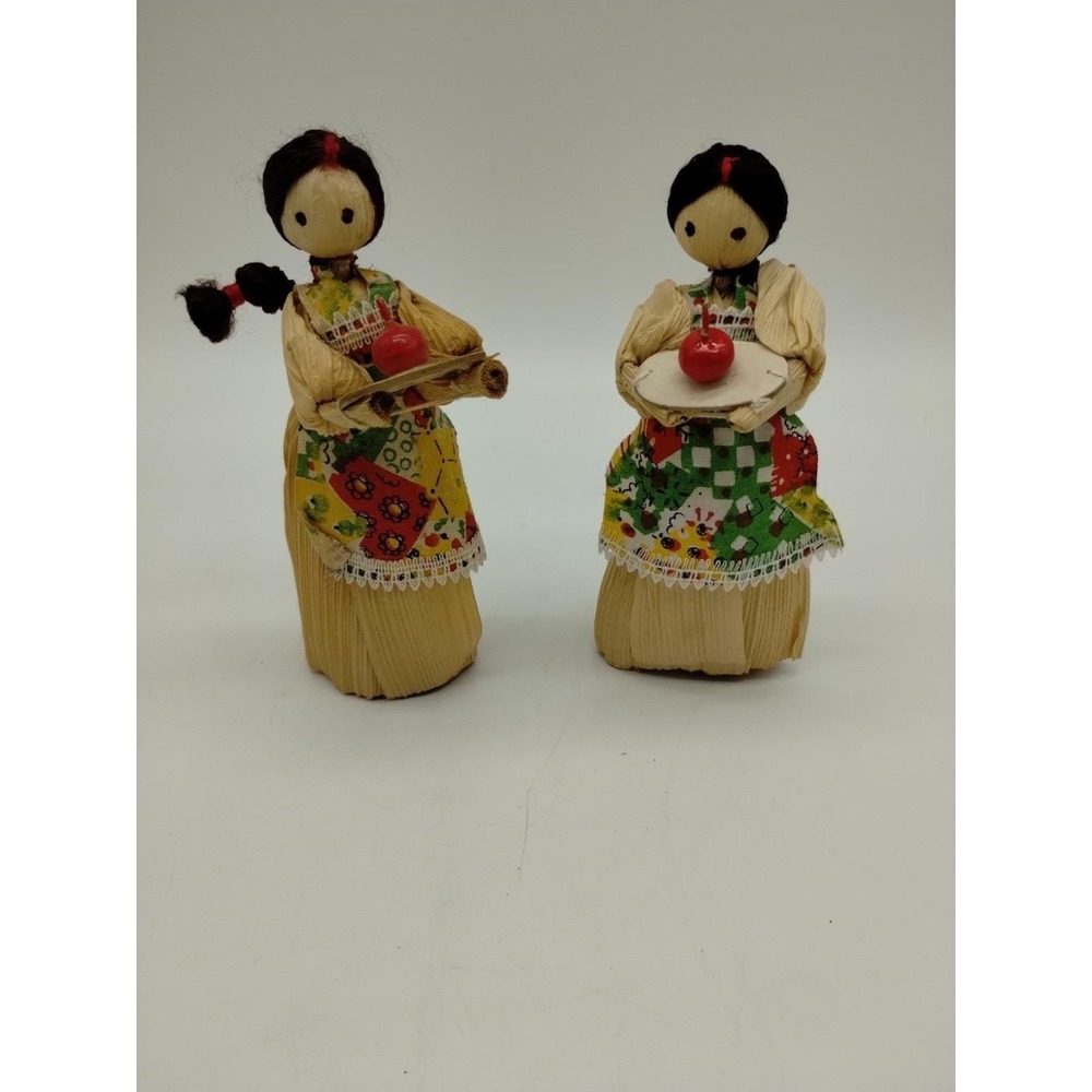 Set Of 2 Vintage Corn Husk Dolls Braided Hair Apples 4.25" Tall